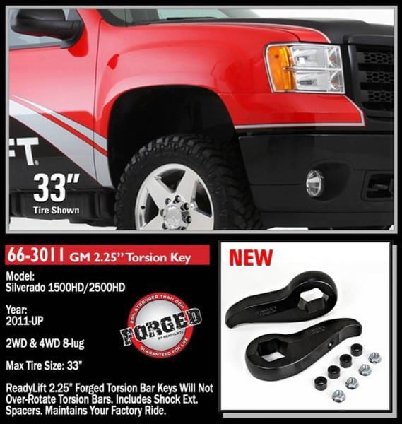 ReadyLift Front Leveling Kit 2.25 in. Lift w/Forged Torsion Keys/Shock Extensions/All Hardware Black Finish Allows Up To 33 in. Tire - 66-3011 thumbnail 2