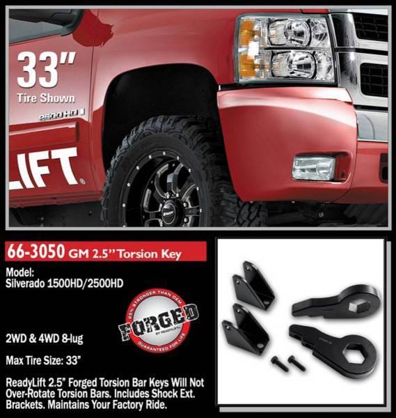 ReadyLift Front Leveling Kit 2.5 in. Lift w/Forged Torsion Key/Adjusting Bolts/Shock Extension Brackets Allows Up To 33 in. Tire - 66-3050 thumbnail 3